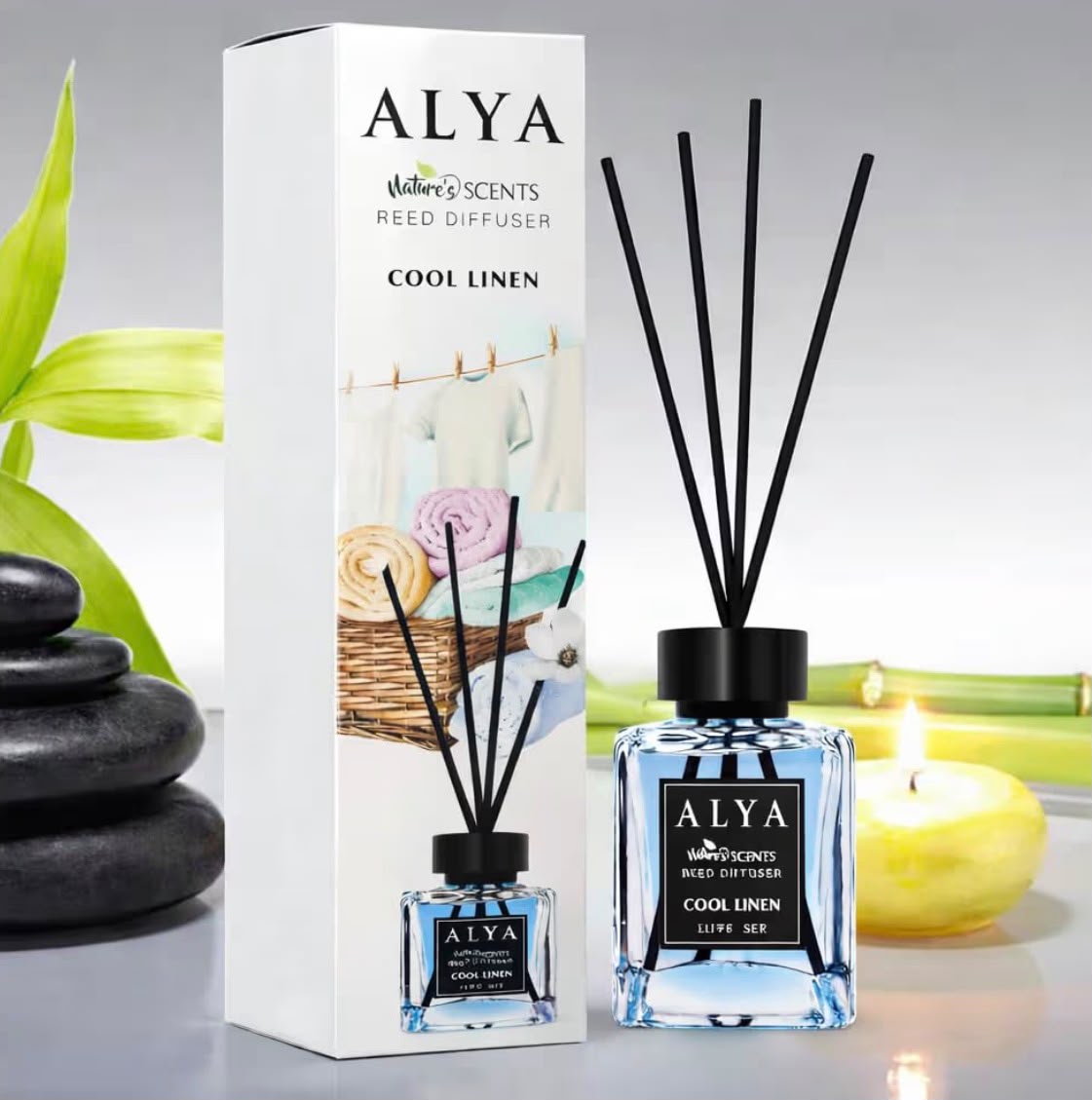ALYA- Cool Linen Reed Diffuser, 3.3 Fl Oz, 100 ml,